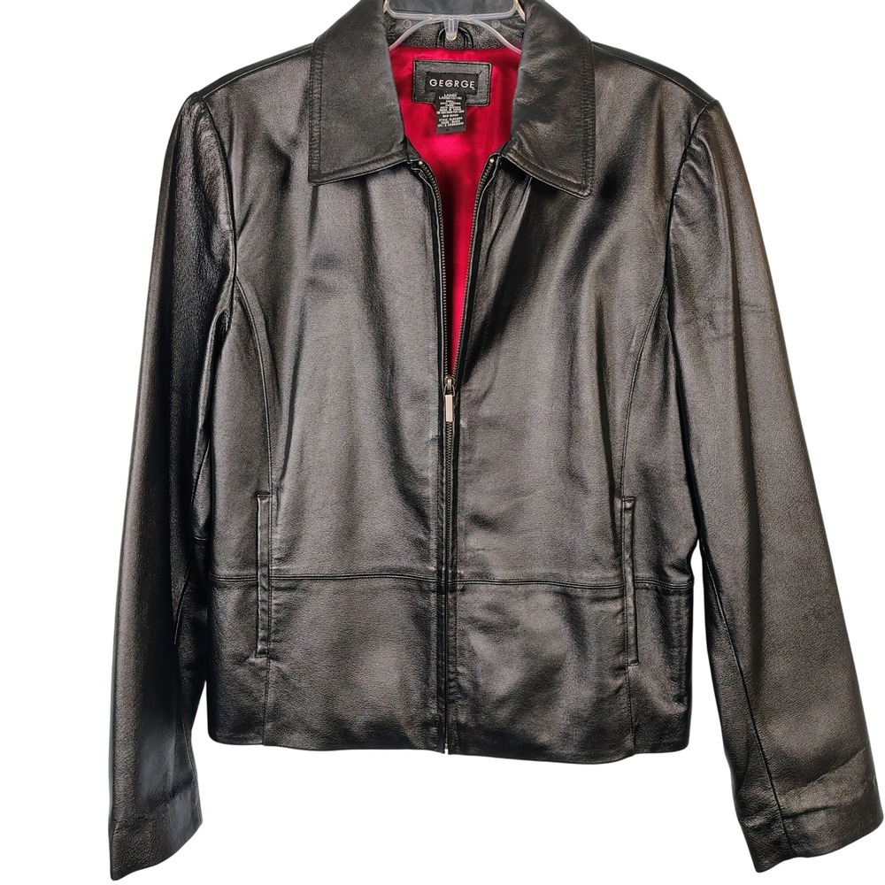 George Womens Black Leather Zip Up Jacket Red Lining  Large 12-14